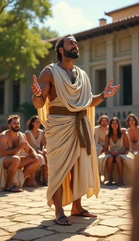 Galeno, a male physician, with an authoritative stance, wearing a toga and leather sandals, standing before a group of students in an open courtyard, passionately lecturing about his contributions to medicine, wide shot, hyper-realistic, photo realistic, c...