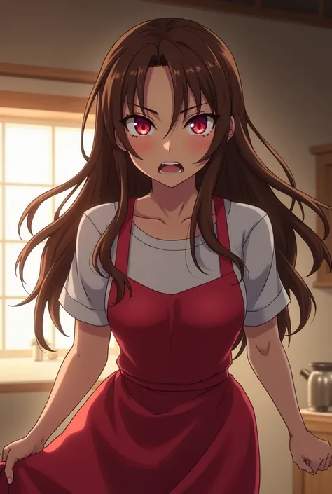 Anime Housewife with long brown hair, red apron and red eyes 2, Angry