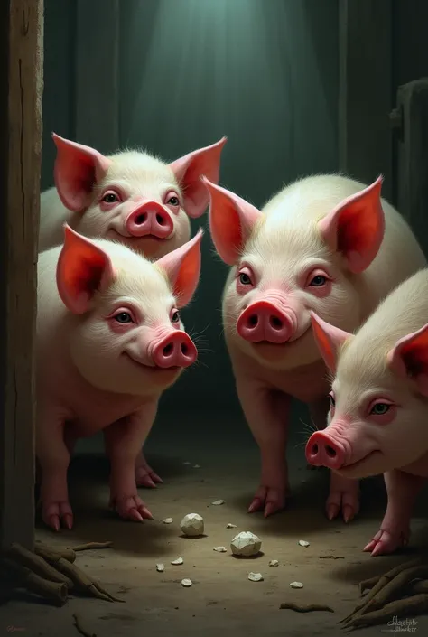 scene: Pigs talking in private, with cunning glances.
 Text: "Instead of receiving medical help, The pigs decide to sell it to a glue factory.."

create the easy scene to draw 