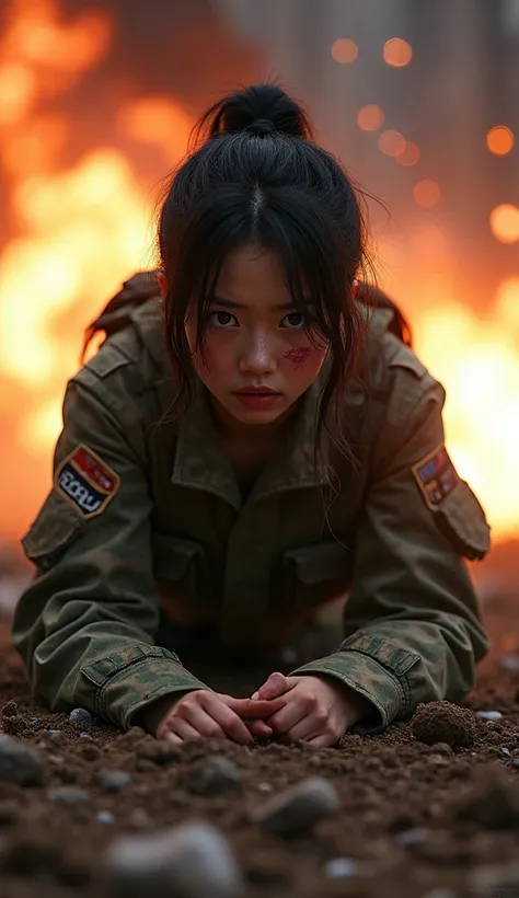 Photo-realistic, ultra-realistic, (very beautiful Japanese, famous Japanese idol:1.3), (Fully equipped for battle:1.5), large assault rifle on her back, (amazing view of multiple explosions:1), (painful impressions, crying:1.3), (wearing an army soldiers C...