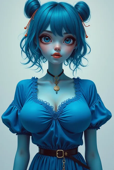 Young blue girl wearing a blue blouse with gigantic breasts 