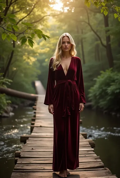 Femme blonde en robe en velours bordeaux, posant avec grâce sur un pont en bois suspendu au-dessus dune rivière entourée de forêts denses, les rayons du soleil perçant à travers les feuilles, créant des ombres captivantes