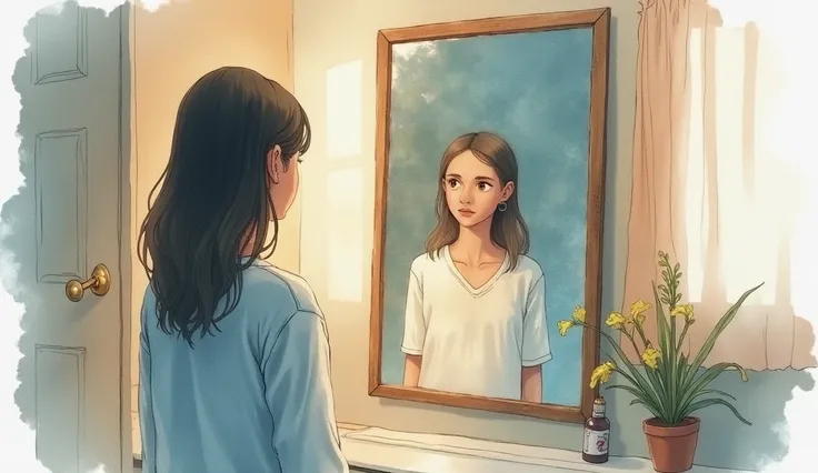 watercolor art of a person looking at himself in the mirror in his room