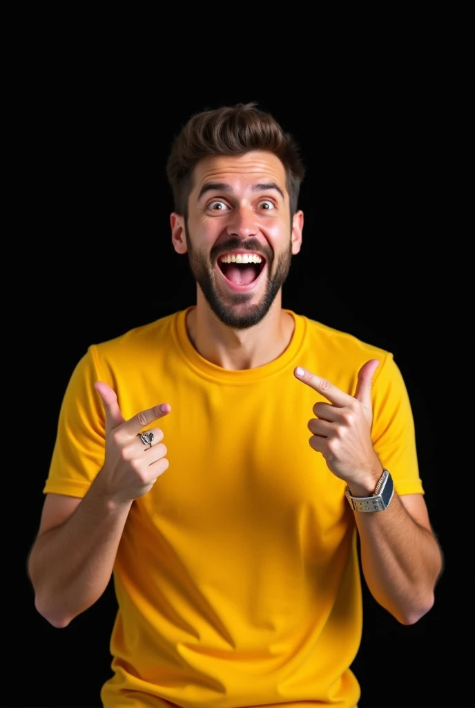 A man with a big smile on his face. He is wearing a yellow t-shirt and is pointing his finger towards his right side. The background is black.