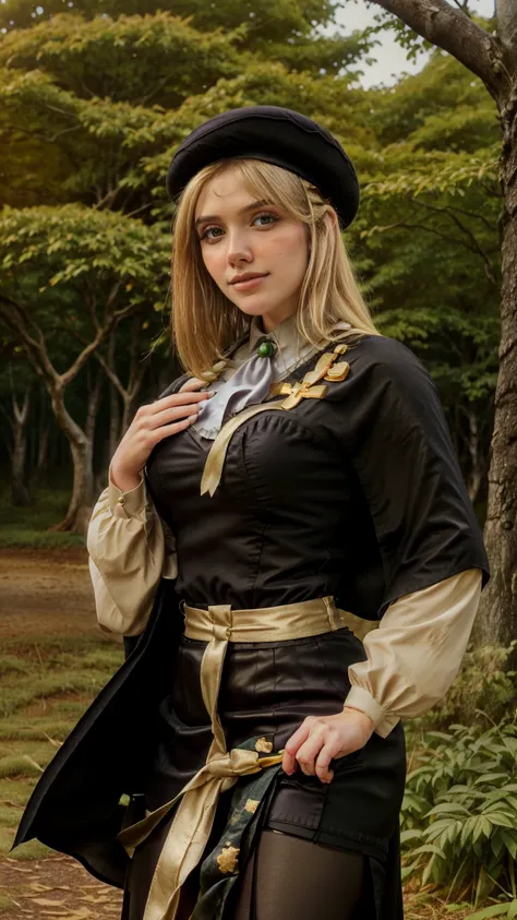 1 girl, best quality, ((Miyo)), Bethcast, perfect face, beautiful smile, 30 years old, ((ascot,uniform, black skirt, cross, ribbon, gold blonde hair, emerald, beret, cape, pantyhose)), ((perfectly drawn hands)), perfect body, bare tree, bush, fog, forest, ...