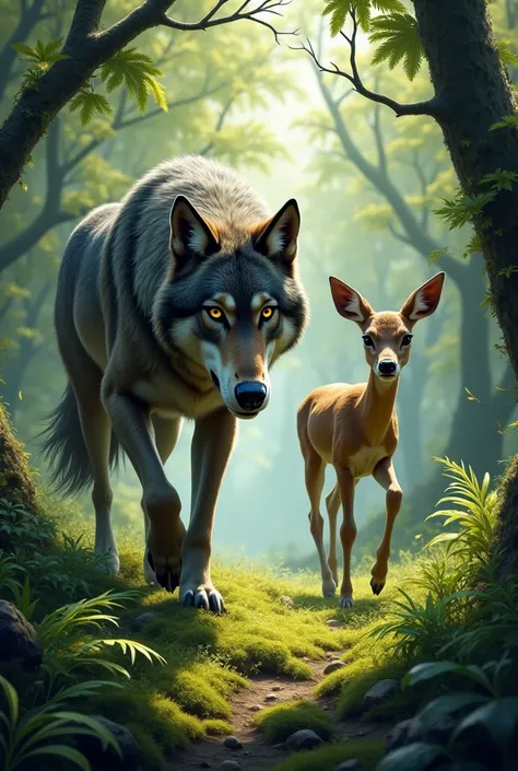 Make a drawing of a wolf hunting a deer
