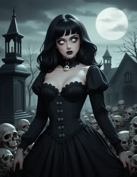 gothic girl, dark makeup, white eyes, long black hair, black lace dress, sin collar, corset with small skull buttons, Wicca sexy. Gothic style, Beautiful necromancers. frontal, Beautiful necromancer. Background a dark gloomy cemetery.
