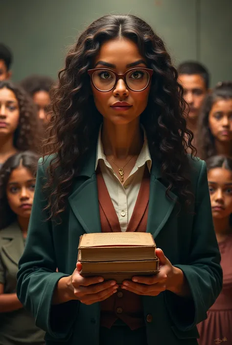 Create a strong teacher with glasses Clara long curly hair with books in hand and students behind 