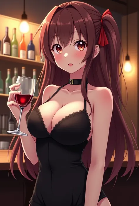 create an anime woman stripped of clothes while a bartender wearing a black dress while fondling her nipples without a bra 