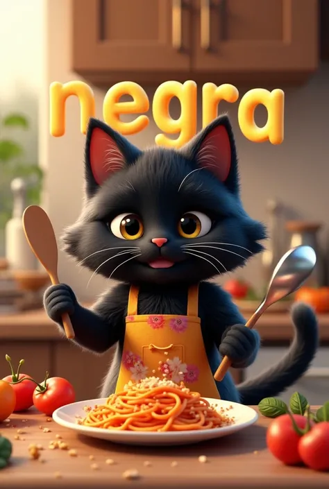 fluffy black cat cooking spaghetti with apron, 3d art style, letters floating spelling NEGRA