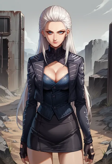 score_9, score_8_up, score_7_up, source_anime, 1girl, solo, female focus, dmc5vergil, white hair, long hair, blue eyes, cleavage, fingerless gloves, black skirt, short skirt, standing, slight smile, looking at you, wasteland, gray landscape, desolated, gra...