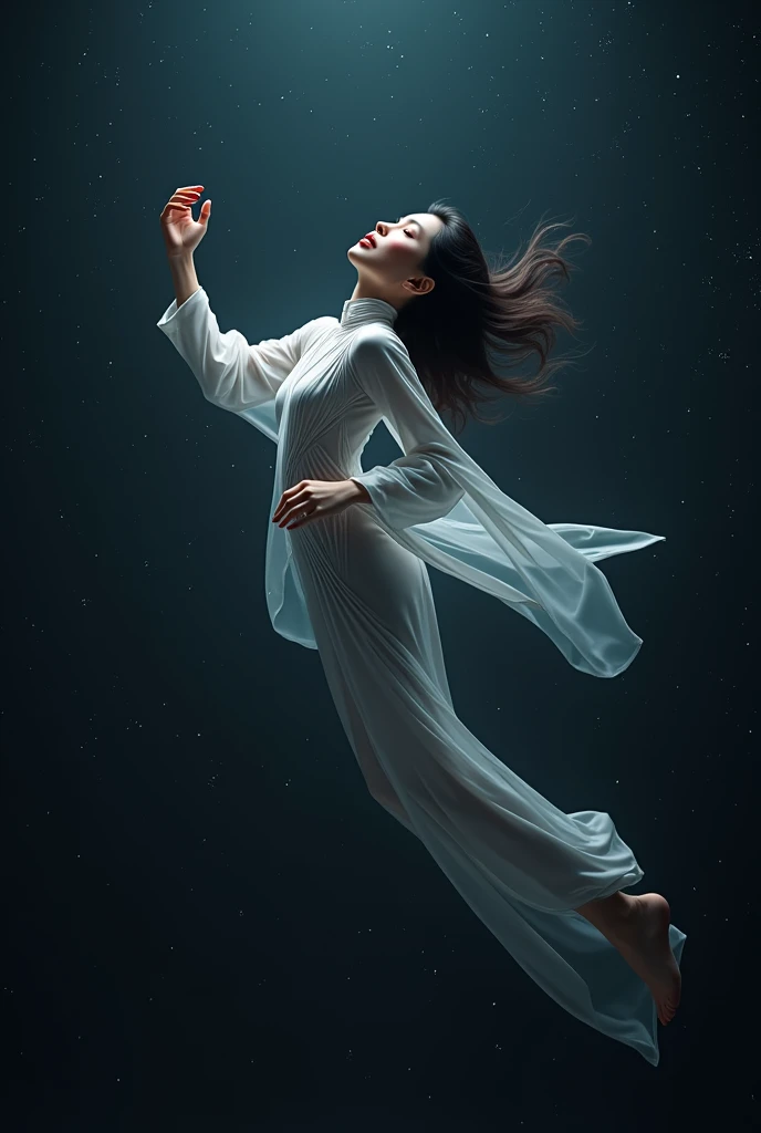 8k Beautiful Asian woman, wearing futuristic clothing, floating in space
