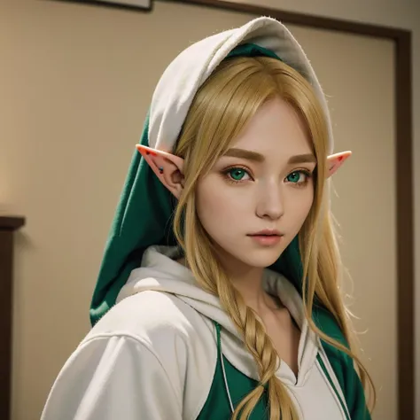 A blonde with elf ears and a green hoodie poses for a photo, a Elf portrait, Elf Girl, Elf portrait, professional Cosplay, realistic Cosplay, とても美しいElf portrait, portrait of a young elf wizard, Cosplay photo, Elf Princess, anime Cosplay, Cosplay, Female El...