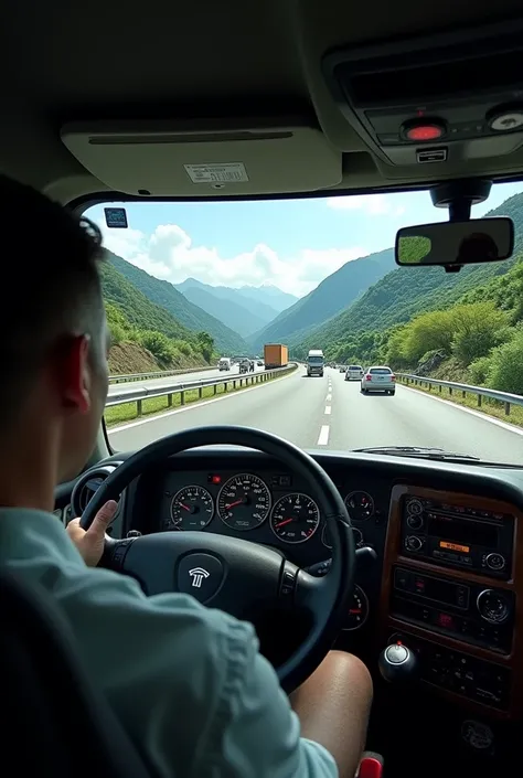 "Create an image showing the perspective from inside a Kenworth T800 truck cabin as if the viewer is the driver. The scene outside should depict a busy Colombian highway with visible traffic, including cars, motorcycles, and perhaps other trucks. The road ...