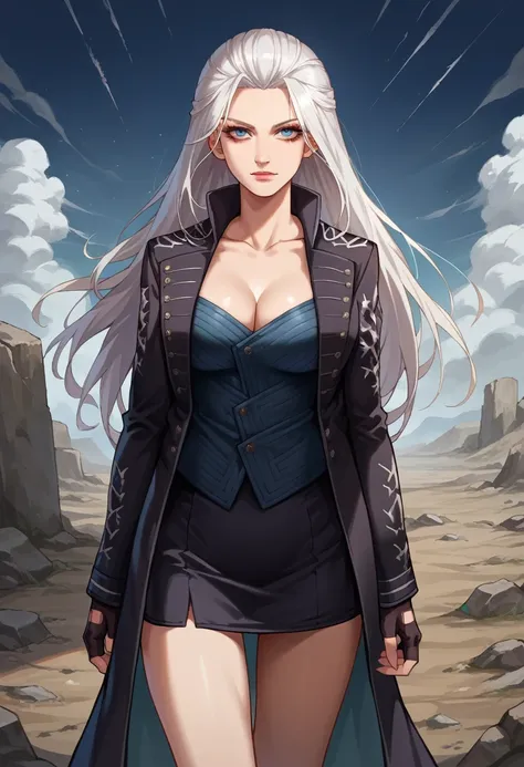 score_9, score_8_up, score_7_up, source_anime, 1girl, solo, female focus, dmc5vergil, white hair, long hair, blue eyes, cleavage, fingerless gloves, black coat, black skirt, short skirt, standing, slight smile, looking at you, wasteland, gray landscape, de...