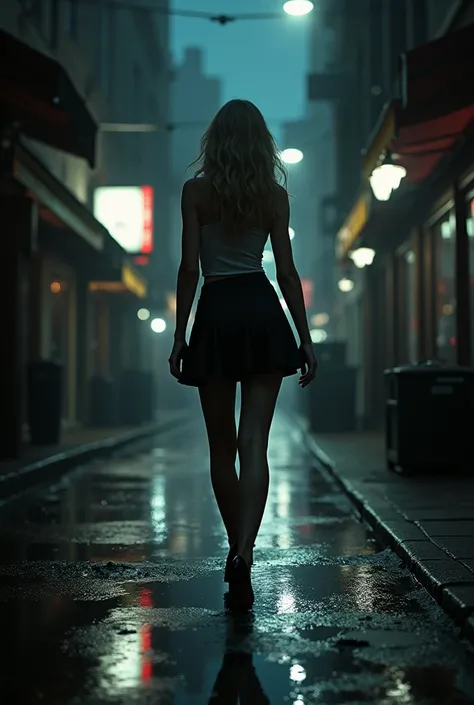 An image of a dimly lit street, There are puddles of water on the floor that reflect the surroundings, An attractive woman is walking, wearing ankle boots and a short skirt, sleeveless shirt, Sexy blonde walking down the dimly lit street, soil moisture.