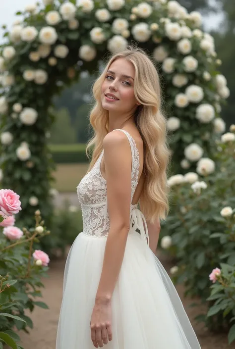 Blonde model in vintage wedding dress, posing in a flower garden, with roses and an arch of white flowers in the background