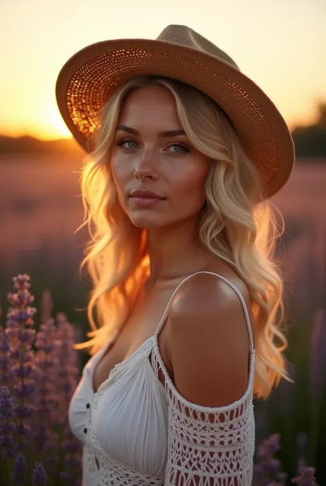 Femme blonde en tenue bohème, dans un champ de lavande au coucher du soleil, avec un chapeau de paille et une expression rêveuse