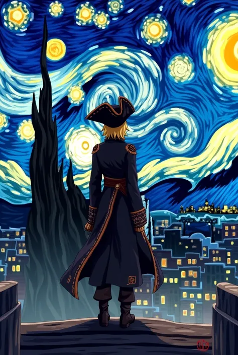 Ryusui Nanami from Doctor Stone in his pirate clothes with his long blonde hair and a big pirate hat, turning his back and looking at the city with Van Gogh&#39;s starry night in the background