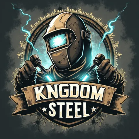 Make a logo that says kingdom steel and has a welding mask, two mig welding torches and a post-apocalyptic style. 