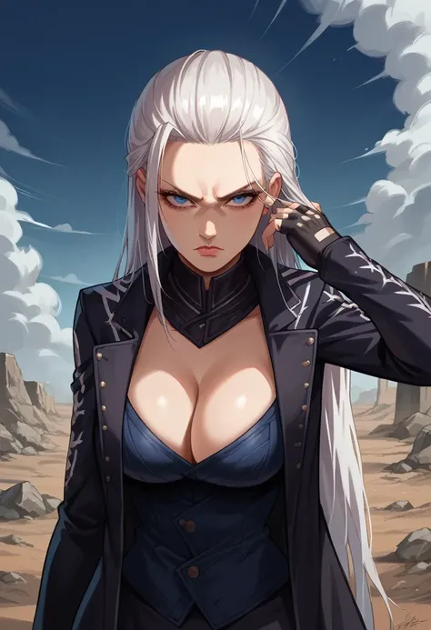 score_9, score_8_up, score_7_up, source_anime, 1girl, solo, female focus, dmc5vergil, white hair, long hair, blue eyes, cleavage, fingerless gloves, black coat, black skirt, short skirt, standing, hand on hair, serious face, looking at you, wasteland, gray...