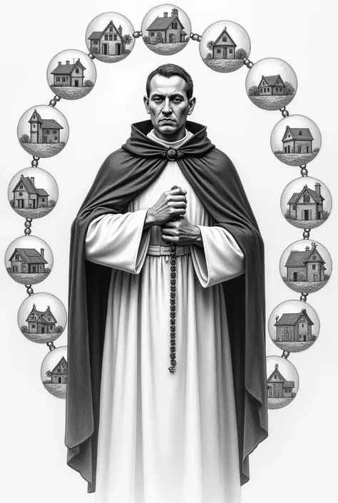 Image of a Christian monk with a rosary in his hand, portrait of Saint Dominic de Guzman, with 27 spheres circling the image, each one being a bead of a giant rosary and with a house inside each, pencil style drawing with simple strokes