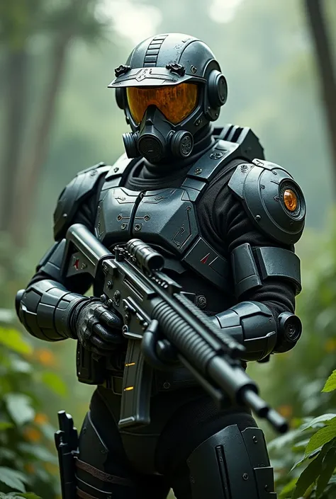 an russich soldier with an steel combat armor covering the enture body and an helmet with an yellow visor and an gas mask, armed with an plasma battlerifle in an jungle 