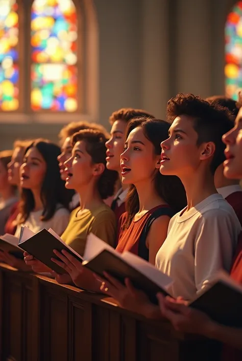 A group of young men and women singing at a Catholic mass