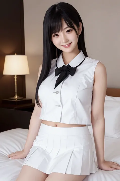 Burning idol pose　Adorable smile　Hotel　bed　uniform　Sleeveless white clothes　High resolution　Big Breasts　Black mini skirt　The skirt should be short 　Beautiful feet　Beautiful Hair　height: 155cm　