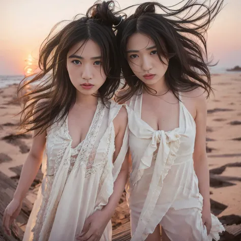 (masterpiece), (Highest quality), photograph, Identical twin sisters, Portraiture, side look Portraiture, winning award photograph, Messy Hair, the wind is strong, Outdoor, sunset, Sexy Dress