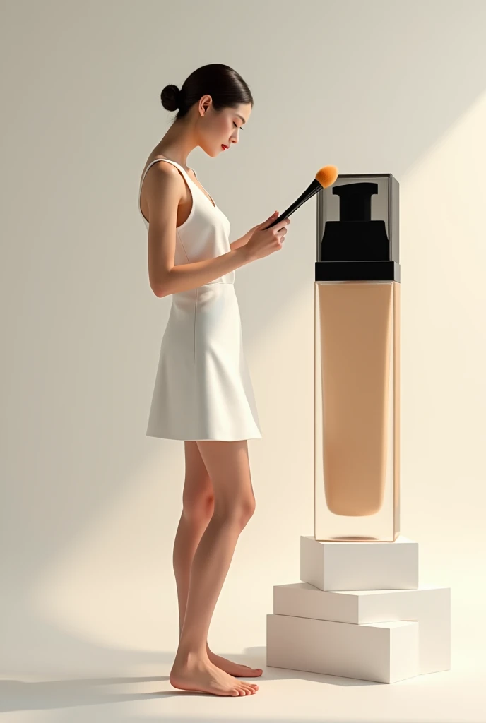 Created a large square foundation cream bottle with a black cap and a black pump. A beautiful woman wearing a matte white skirt stood next to the foundation bottle. In the girls hand was a fold for applying foundation on her face. Express your makeup mood ...