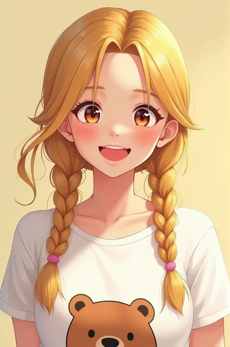 Create a photo of a smiling female character with blonde hair and two braids back, with a white top and a brown bear drawn on it. 