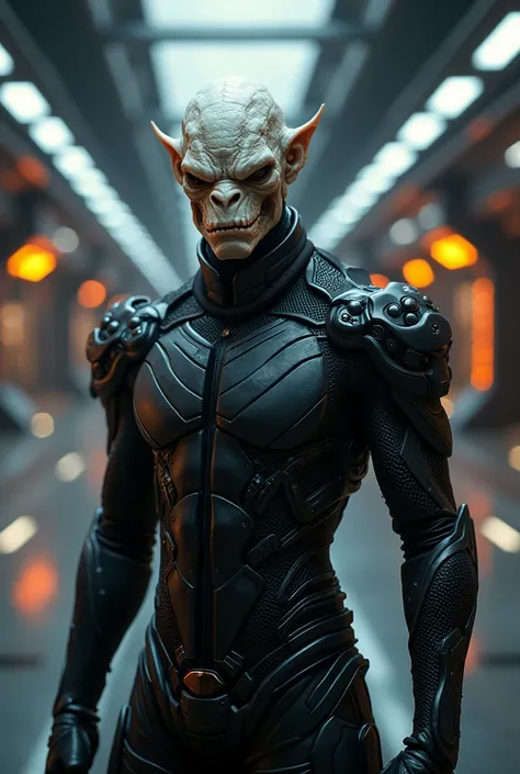 A bald man with white skin, scales, and a spiked chin wearing black armor, scifi starship background, star trek character, ultra-detailed, 8k, photorealistic, concept art, dramatic lighting, cinematic composition, vibrant colors