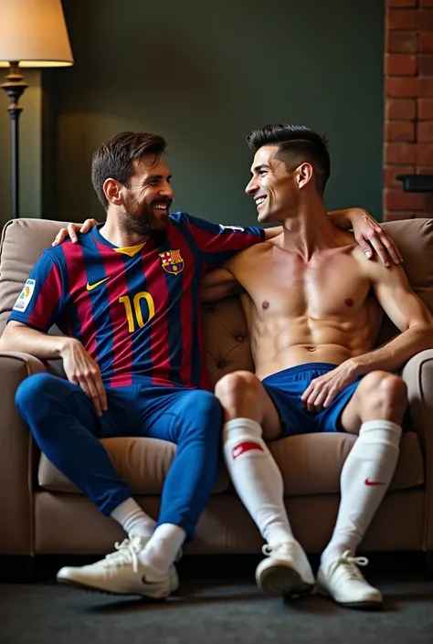 Crée une photo giga réaliste de Messi qui est en train de fumer de la marijuana avec Cristiano Ronaldo dans son canapé , avec des chaussure en forme de caca 