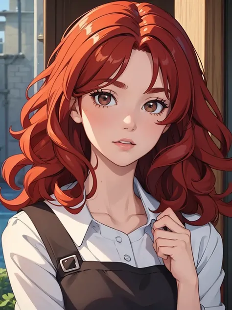 (masterpiece), (best quality), 1woman, red hair, curly hair, brown eyes