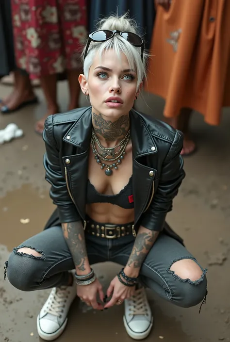 russian milf woman, grey  hair  (top bun, shaved sides),  oversized maxi sunglasses as headband, with very light blue eyes, extremely pale skin. Wearing cropped aged black moto jacket with lots of zippers and pins, flipped up collar. Worn skinny dark low r...