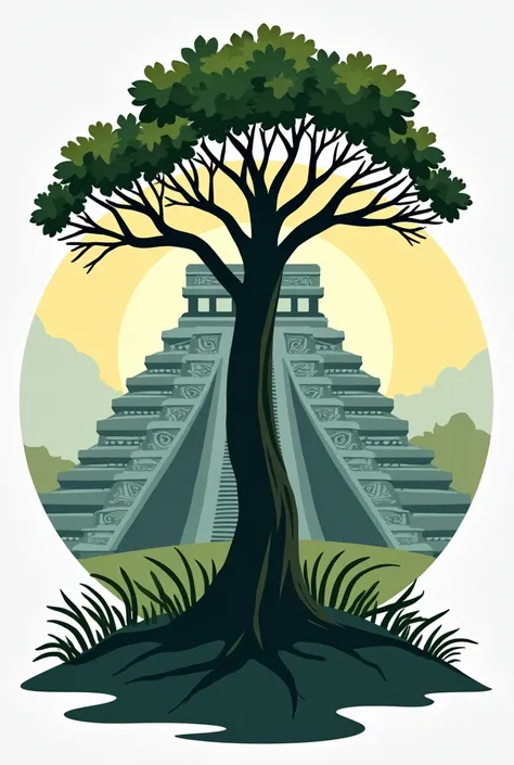 The logo of a company made from a tree and a Mayan ruin in the background