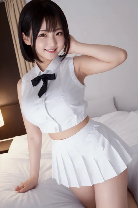 Burning idol pose　Adorable smile　Hotel　bed　uniform　Sleeveless white clothes　High resolution　Big Breasts　Black mini skirt　The skirt should be short 　Beautiful feet　Beautiful Hair　height: 155cm　Erect nipples