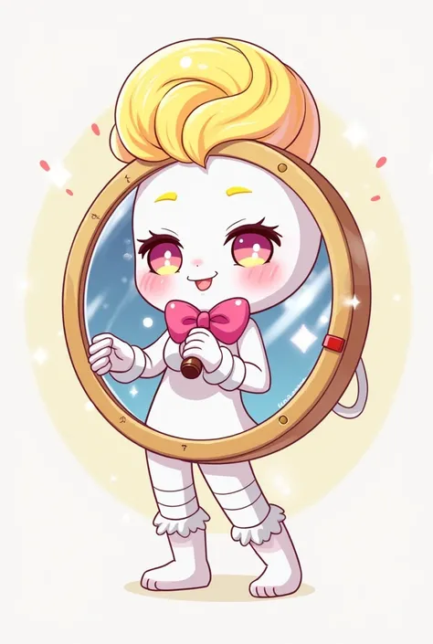 Glisten is a circular mirror with a golden border and body. His border swirls at the top of his head, giving the appearance of hair and has pink blush underneath his eyes. He has a pink bow behind him that is tied around his chest. He wears white leg warme...