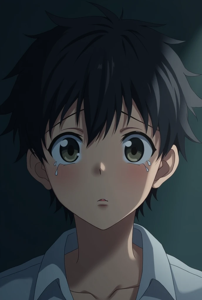 Anime of a young man crying 
