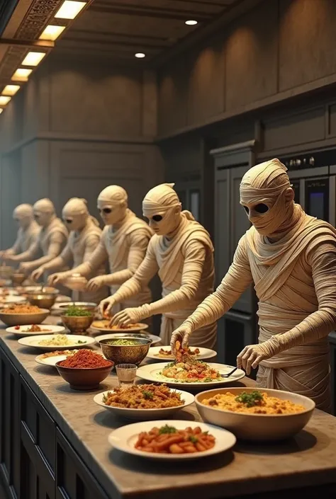 In a modern castle kitchen there are many mummy cooks preparing delicious meals. 