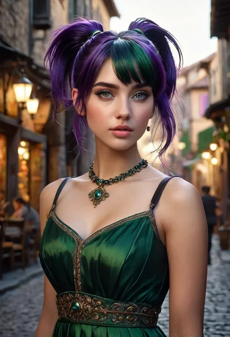 A young woman, dark green hair tied in a side ponytail and bangs, purple eyes, (((a young woman with short dark green princess hair 1.7)))(((very beautiful))), perfect faces, full body, she is in a medieval town during the day, warm palette, she is wearing...