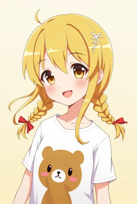 Create a smiling, blonde character with two braids back and with a white hair ornament, with a white top and a brown bear drawn on it. 