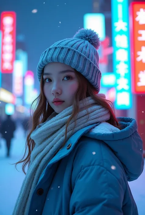 8k Lalisa of blacpink with blue winter clothes, in the snow surrounding her body, at night, with a background of neon signs in Japanese letters
