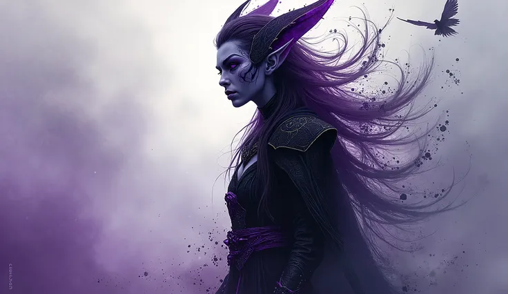 (masterpiece, high resolution, dark fantasy art:1.3), captivating dark elf, striking features, (elongated ears:1.2), piercing violet eyes, (intricate facial tattoos:1.1), (mysterious gaze:1.2), standing in a dynamic pose, (ink splatter technique:1.4), doub...