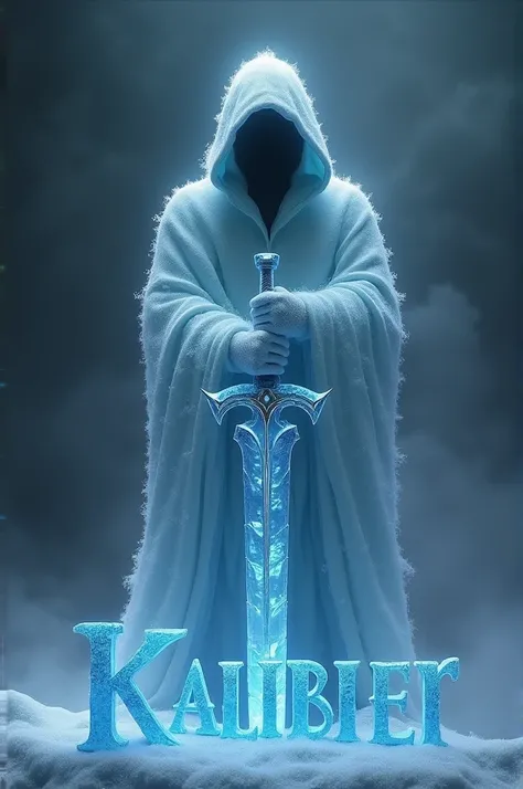 Mysterious ice man, Ice hoodie, ice sword in hand, darn gloomy background, with the word kaliber under it in blue icy letters, hyper realism, logo