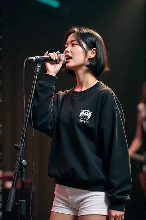 A young Thai woman with short dark hair is singing into a microphone. She is wearing a black sweatshirt with a white logo and white shorts.