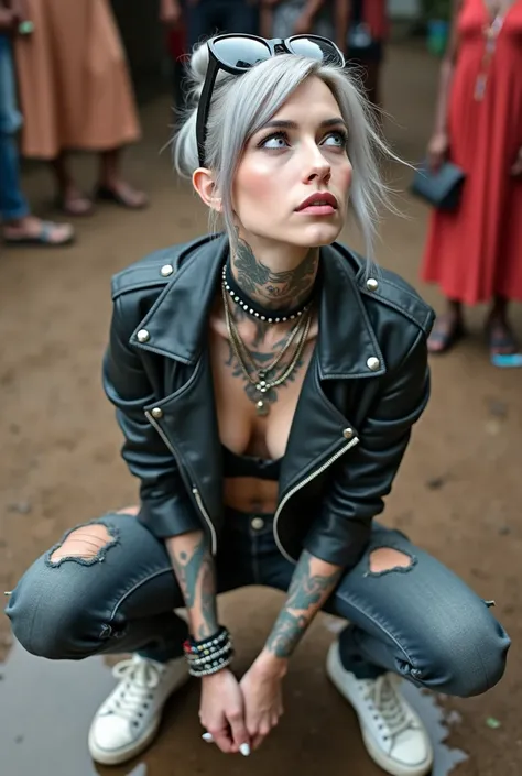 russian milf woman, grey  hair  (top bun, shaved sides),  oversized maxi sunglasses as headband, with very light blue eyes, extremely pale skin. Wearing cropped aged black moto jacket with lots of zippers and pins, flipped up collar. Worn skinny dark low r...