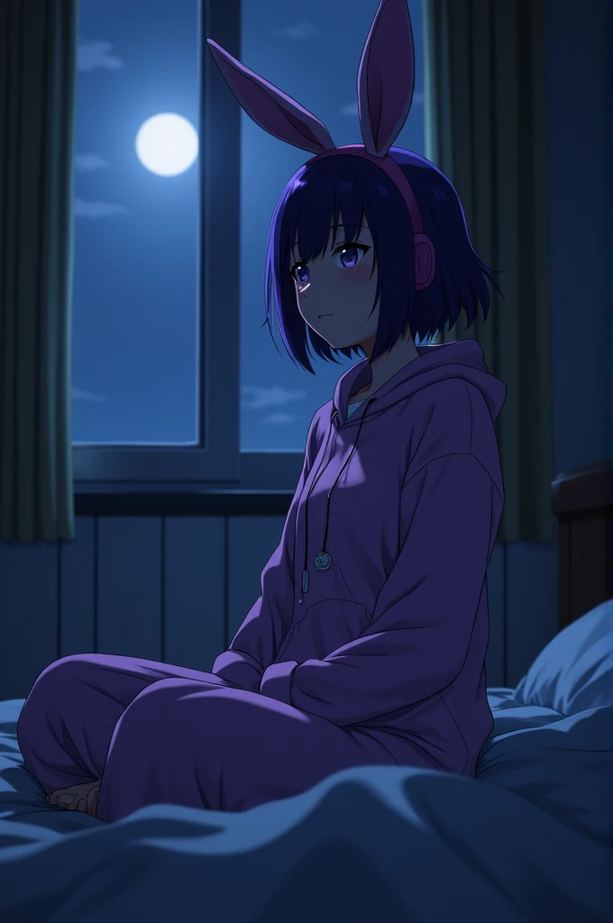 Kyoka Jiro from My Hero Academia waiting in her room at night. Purple hair with asymmetrical bangs, headphone jack. The weak moonlight enters through the window. cozy room. expression thinks. Purple bunny one piece suit