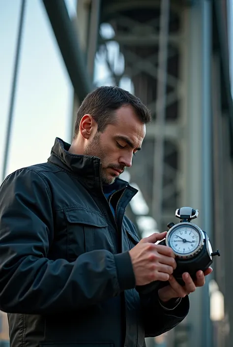 Make me a man working with a tachymeter on a bridge 